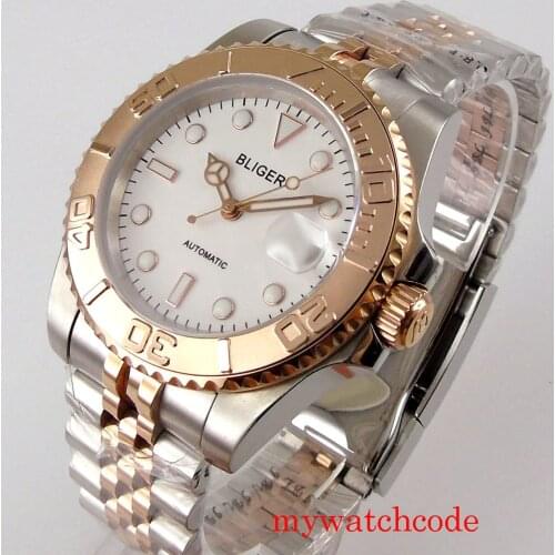 BLIGER 40mm Rose Gold Luxury NH35 MIYOTA 8215 Mechanical Automatic Mens Watch Sapphire Glass Date Indicator Jubilee Strap