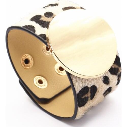 Big Round Metal Design Leopard Brown Trendy Wide Leather Bracelets Women Fashion Girl Bangle Female Jewelry New Design
