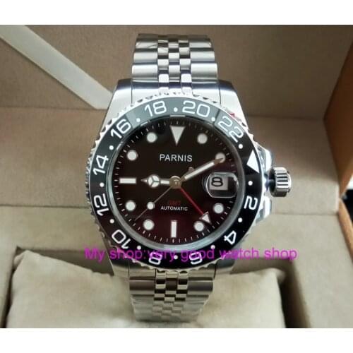 40MM PARNIS GMT Automatic Self-Wind movement black Ceramic bezel Sapphire Crystal luminous mens watch PA34-8