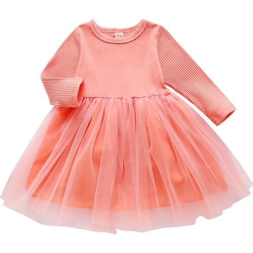Baby Children Girls Solid Dress A Line Mesh Patchwork Long Sleeve Round Neck Ribbed Infant Toddler Kids Princess Dresses 6M-5Y