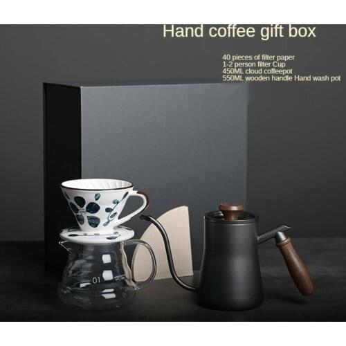 Coffee Hand-made coffee pot gift box set, blue and white porcelain filter cup, glass cloud pot filter paper set