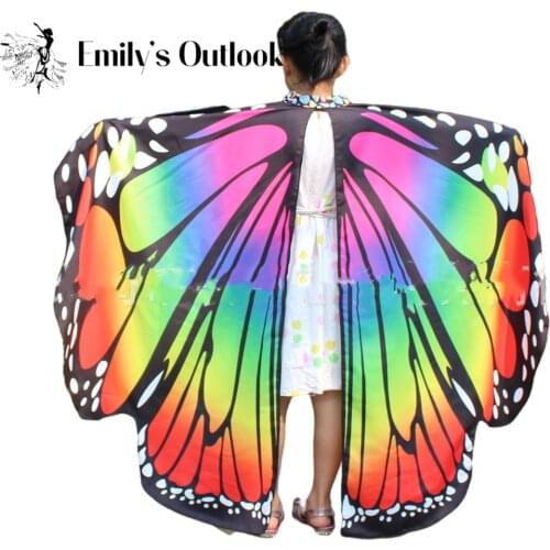 Butterfly Wings For Girls Kids Costume Fairy Shawl Nymph Pixie Costume Accessory Satin Fabric Monarch Butterfly Rainbow Wings