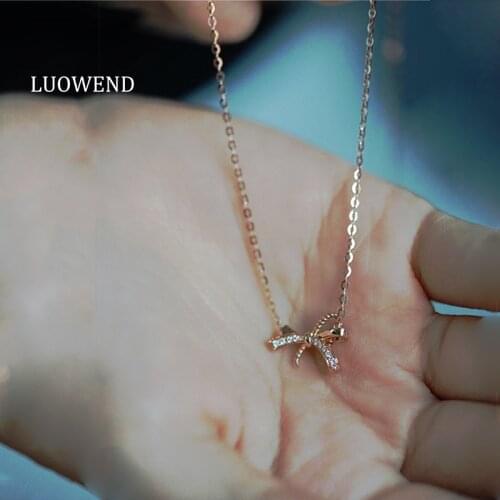 LUOWEND 18K Solid Yellow Gold Pendant Necklace Natural Diamond Fine Jewelry Women Engagement Necklace Birthday Gift Bow-knot