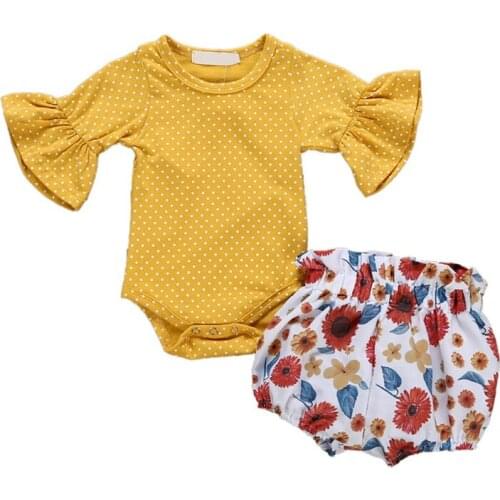 Summer Newborn Infant Set Baby Girl Trumpet Sleeve Jumpsuit Top Floral+Shorts Set For 0-1 years old