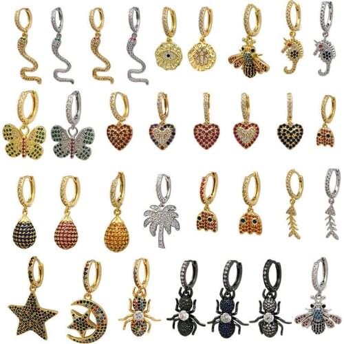 1 piece Small Hoop Earrings Women Gold Silver Color CZ Rainbow Drop Bee Butterfly Heart Fish Snake Star Seahorse Evil Eye Hoops
