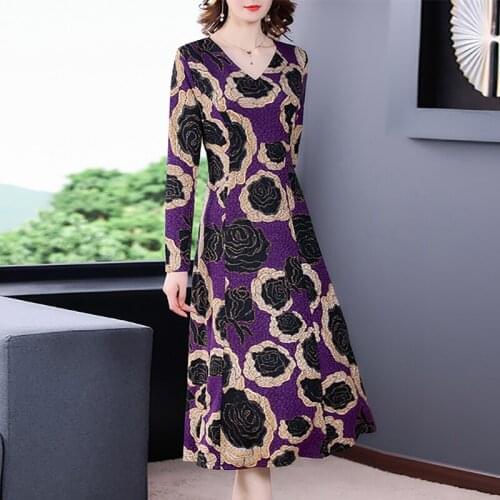 2021 New Women Purple Floral Casual Midi Dresses Spring Vintage 4XL Plus Size Long Sleeve Dress Elegant Bodycon Party Vestidos
