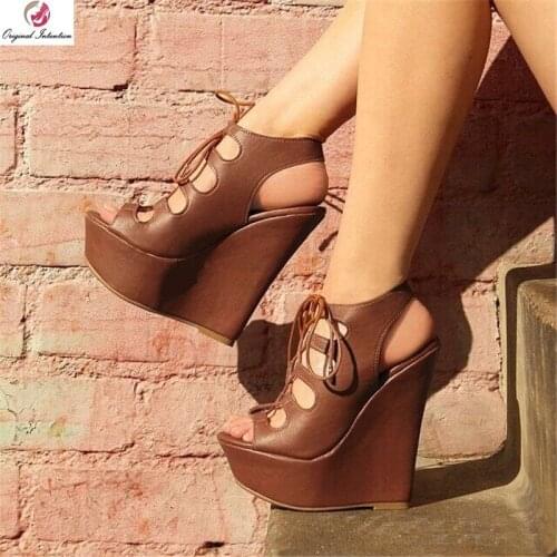 Original Intention Women Sandals Peep Toe Wedge Platform Holidays High Heels Sandals Sexy Brown Shoes Woman Plus Size 4-15
