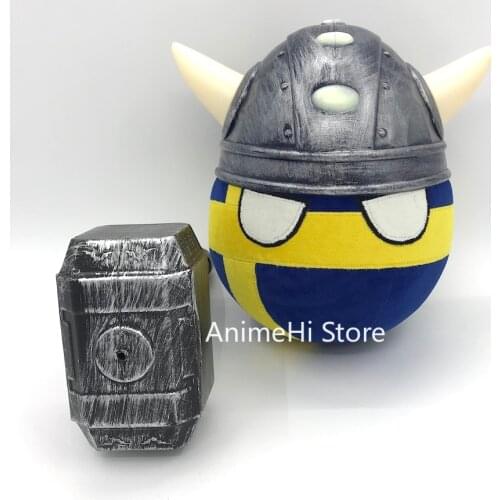 Polandball Plush ToysThe Kingdom of Sweden Ball and Viking helmet hammer Doll SWE countryballs plushies Cosplay for Gift 20CM