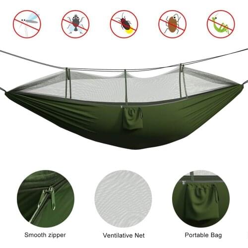 Portable Camping Hammock Indoor Outdoor Tree Hammock with Bug Insect Net, 2 Hanging Straps, Lightweight Nylon Parachute Hammocks