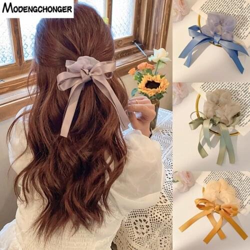 1PC Women Streamers Scrunchies Solid Color Print Elastic Bow Hair Rope For Girl Hair Ties Korean Sweet Hair Accessories Headwear