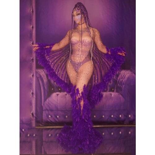 Luxuriant Purple Rhinestone Dress Feather Sleeves Women Birthday Celebrate Outfits Long Dress Night Club Singer Costumes VDB3438