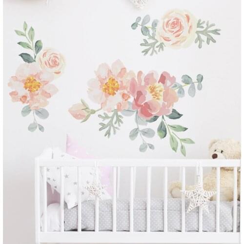 Hand Paint Watercolor Flowers Wall Stickers Peony Rose Green Leaves Wall Decals for Baby Nuresery Living Room Bedroom Decor PVC