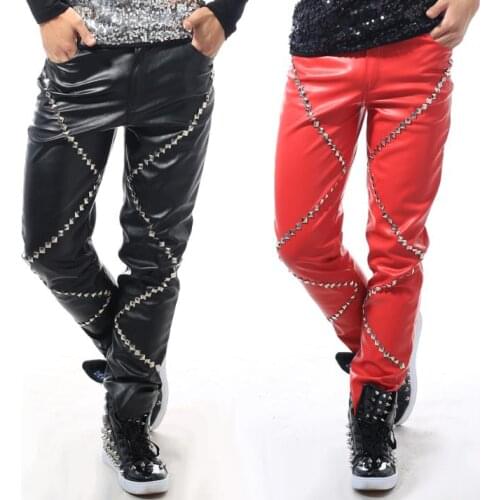 Stage personality slim men rivets leather pants motorcycle pant men feet trousers singer dance rock fashion pantalon homme red