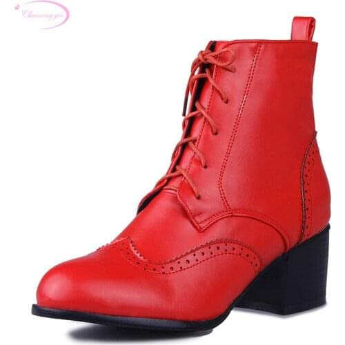 Chainingyee college comfortable round toe ankle boots fashion lace-up brown red black white med heel womens riding boots