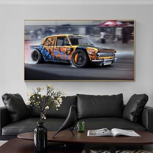 Vintage Graffiti Sports Canvas Painting Car Drift Racing Car Poster and Prints Wall Art Pictures for Living Room Home Decor