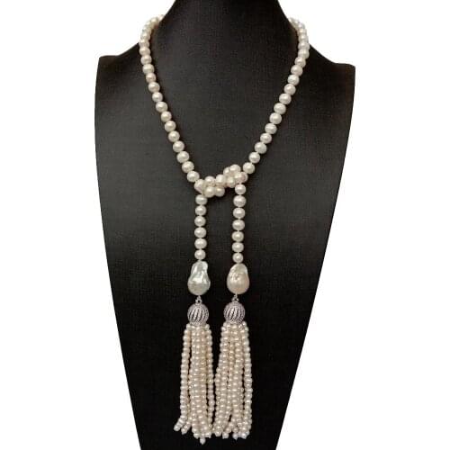 Y·YING Freshwater Cultured White Potato Pearl Pearl Long Loop Necklace Cubic Zirconia Pave Pearl Tassel 36"