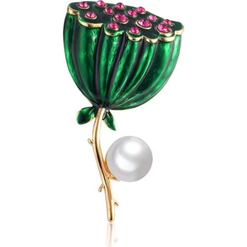 Green Lotus Brooches Pin Crystal Rhinestones Simulated Pearl Enamel Flower for Women Clothing Jewelry Accessories AL568