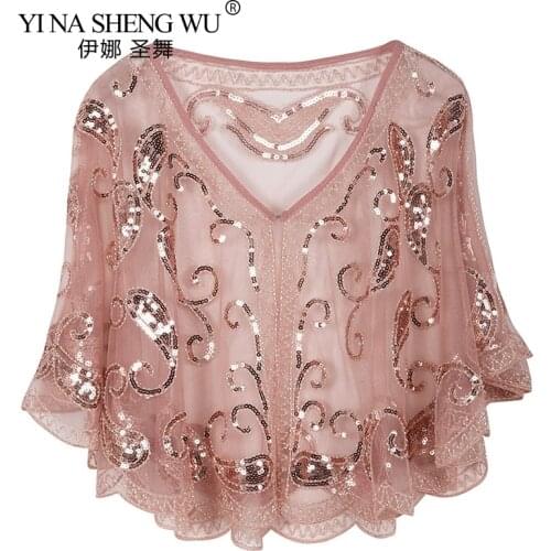Women 1920s Great Gatsby Party Cape And Poncho Beaded Sequin Femme Shawl Vintage Mesh Scarves Party Flapper Cover Up Hijab Scarf