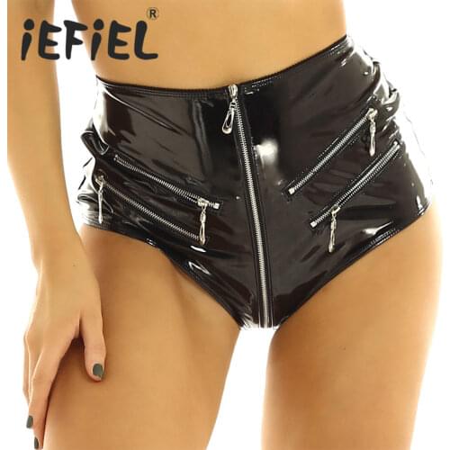 Womens Clubwear Boxer Shorts Wet Look Patent Leather High-Waisted Front Zip Up Booty Shorts Hot Shorts for Night Party Clubwear