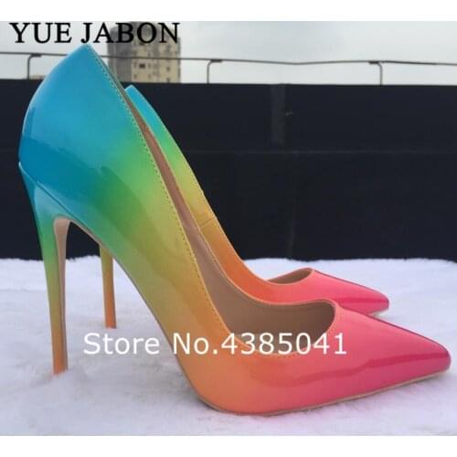 Newest Rainbow High heels shoes Printed Leather women pointed toe office lady shoes stiletto Slip-on high heels Large size 35-43