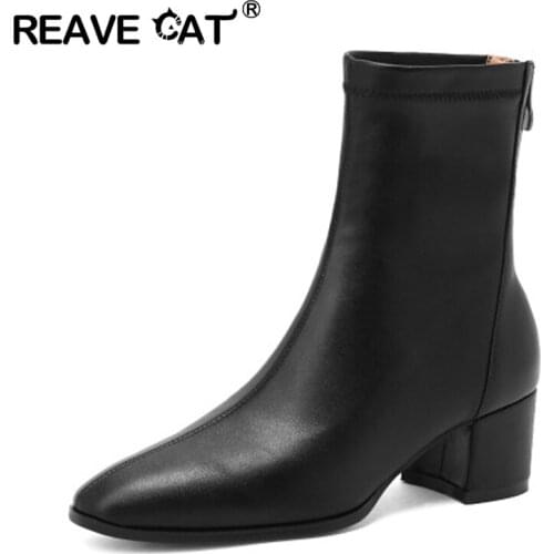 REAVE CAT 2021 Autumn Winter Ladies Pumps Cow Leather Scrub Soft Ankle Boots Round Toe Square Heel Zip Women Shoes Size 40 S2380