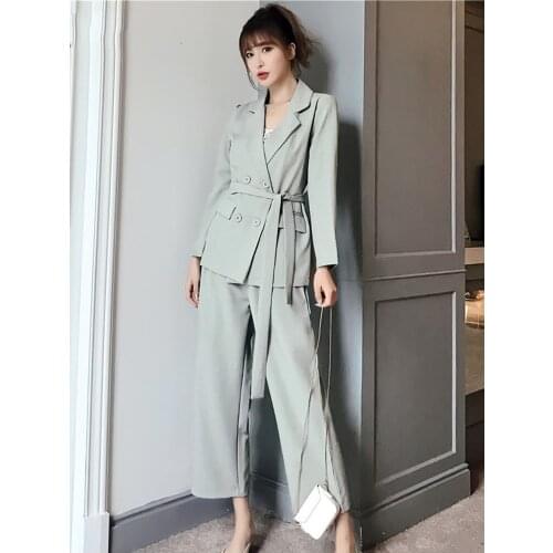 2020 Spring Fashion Women Lace Up Pant Suits Notched Blazer Jacket Pants Office Lady Wear Suits Female 2 Piece Sets Autumn