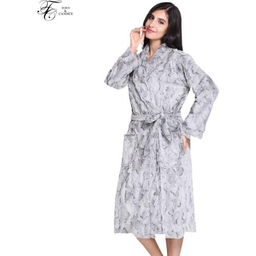 Tony&Candice Women Sleepwear Thick Warm Bathrobe Fur V-Neck Nightgown For Ladies Elegant Luxury Print Nightwear In Winter