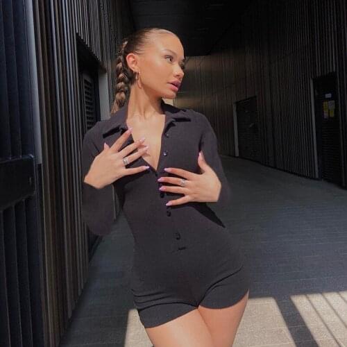 Women Summer Fashion Playsuit Printed Shirt Neck Long Sleeve Button-Open Slim Rompers Jumpsuits for Girls