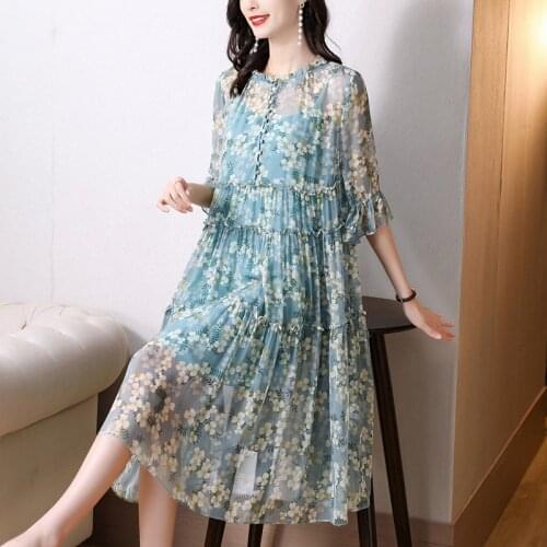 Women Dresses New 2021 Summer Loose Plus Size Ladies Print Imitate Silk Dress High Quality Female Vintage Party Robe Vestidos