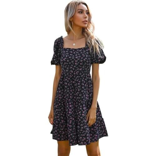 Square Collar Puff Sleeve Floral Print Backless Dress Women Ruffle Folds Elegant Boho Casual Streetwear Beach Dresses