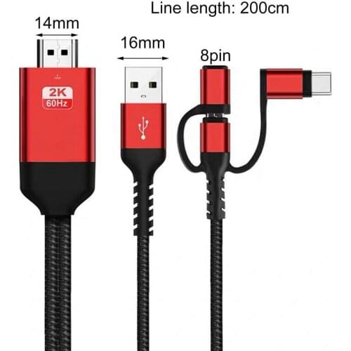 2m Adapter Cable 3-in-1 Micro USB Type-C to HDMI-compatible TV AV Adapter 1080P Cable for iPhone