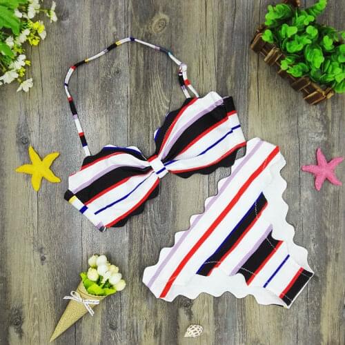 2017 Cute Scalloped Swimwear Women Swimsuit Sexy Bandeau Bikini Set Striped Biquini Padded Bathing Suits maillot de bain femme