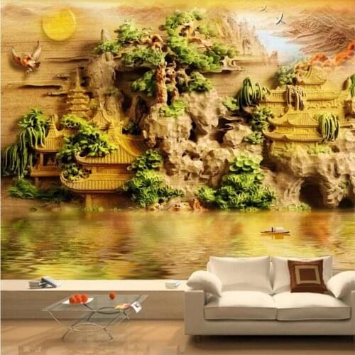 Beibehang Custom wallpaper 3d photo murals Sendai pavilion jade carving wood carving 3D living room bedroom restaurant wallpaper