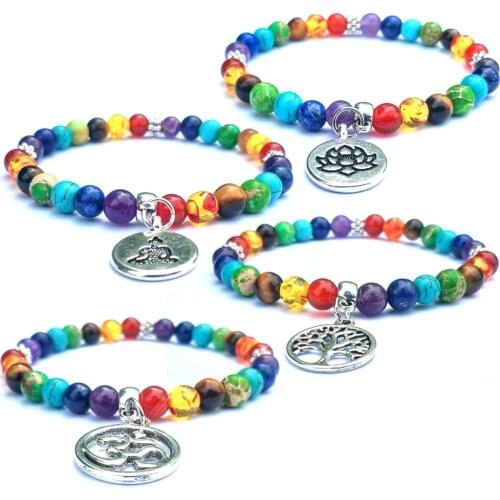 OM Life Tree Buddha Lotus Bracelet Beads 7 Chakra Bracelet Yoga Healing Balance Natural Stone Buddha Friendship Bracelet