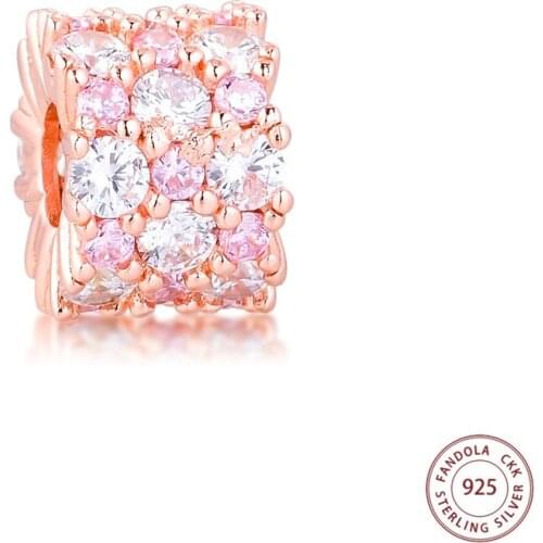 Fits Pandora Bracelet Pink & Clear Sparkling Charms Original 925 Sterling Silver Beads for Jewelry Making Women Girls DIY Gift