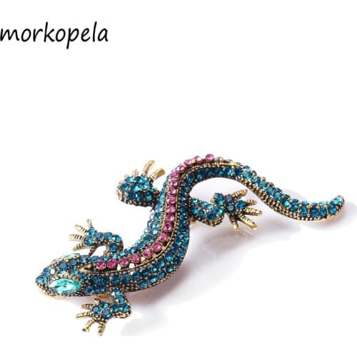 Morkopela Lizard Rhinestone Brooch Pin Women Geckos Animal Pins and Brooches Clothes Jewelry Vintage Metal Brosch