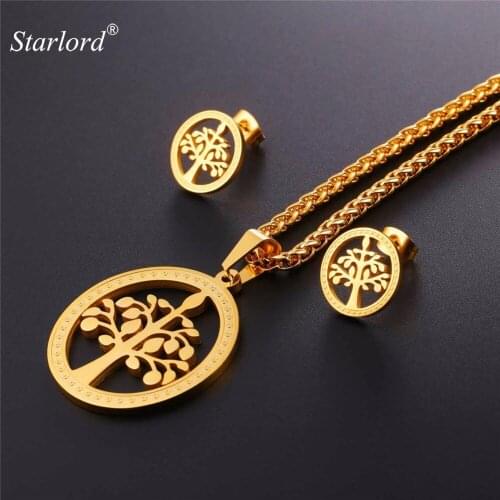 Starlord New Tree of Life Pendant Necklace&Stud Earrings Gold Color Stainless Steel Sacred Tree Religious Jewelry Set GPE2577