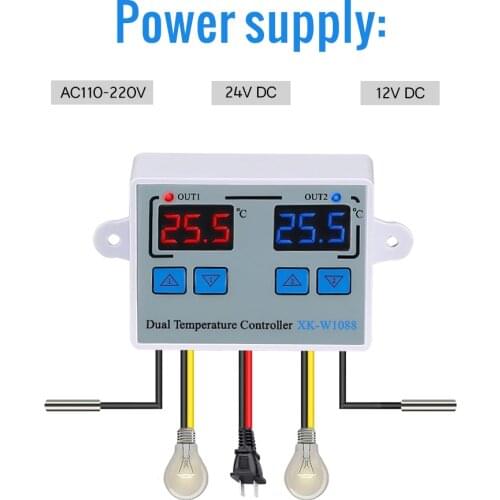 Dual Digital Thermostat Temperature Controller Two Relay Output Thermoregulator for incubator Heating Cooling XK-W1088
