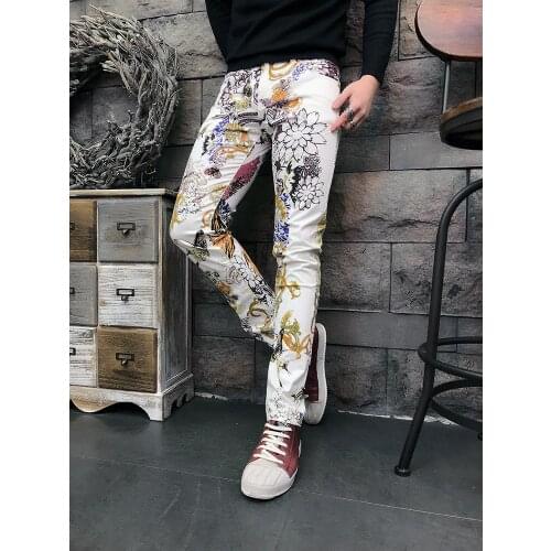 Mens Flower Printed Jeans Men Skinny Butterfly floral Coloured drawing Paiting Stretch Denim Pants Nightclubs Singers Trousers