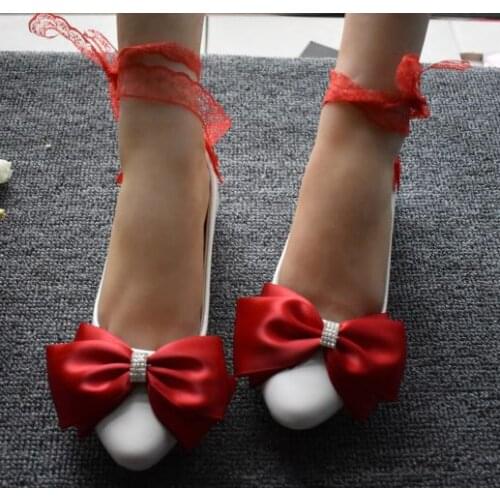 Red bow bowtie flats shoes woman ladies girl sweet hamade lace riband straps red party dancing ceremony banquet flats shoes