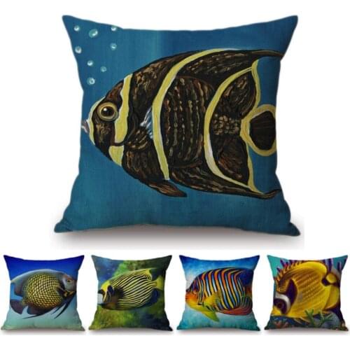 2018 Summer Home Decoration Oil Painting Tropical Ocean Fish Sofa Throw Pillow Cover Nemo Fish Cotton Linen Cushion Cover Cases