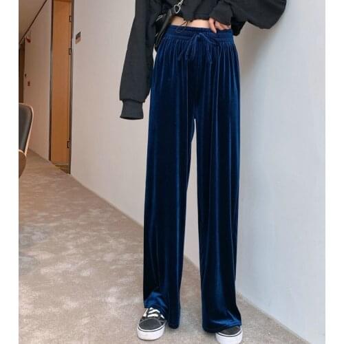 Soft Velvet Wide Leg Pants Womens Autumn Pants Straight Tube High Waist Slim Long Loose Pants Female Thin Pleuche Pants