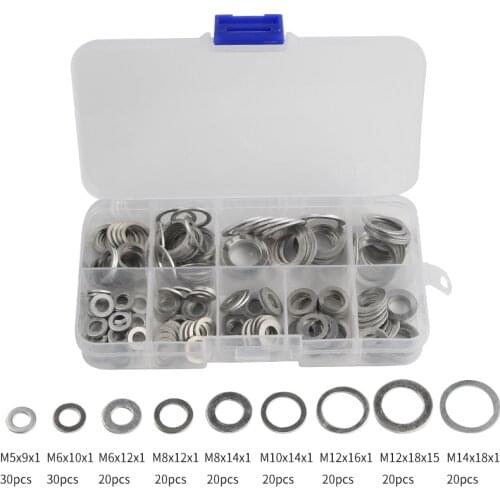 Hot Sale 200Pcs 9 Sizes Aluminum Flat Washer Gasket Set Flat Ring Seal Kit Set with Box M5/M6/M8/M10/M12/M14