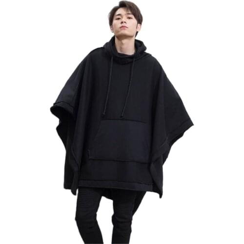 M-6xl Autumn Winter New Men Loose Bat Cloak Cape Dark Medium Long Fashion Thick Hooded Jacket Hiphop Outerwear Coats Overcoat
