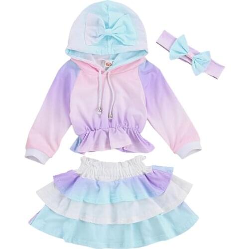 FOCUSNORM Autumn Baby Girls Clothes Sets Tie Dye Printed Ruffles Hooded Long Sleeve Pullover Tops A-Line Skirts Headband