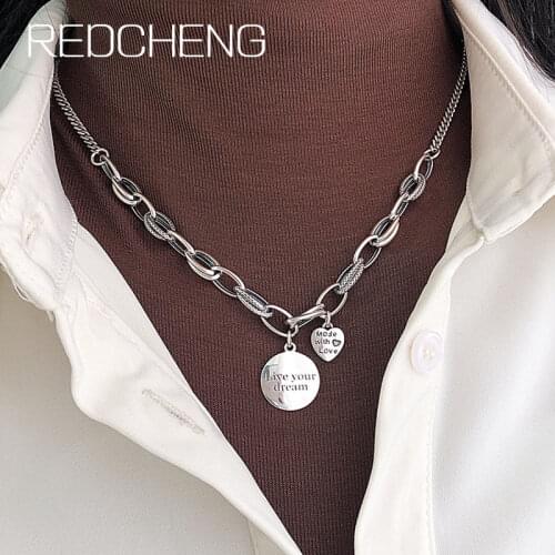 REDCHENG 925 Sterling Silver LOVE Heart Necklaces for Women Couples INS Fashion Vintage Round Card Birthday Fine Jewelry Gifts