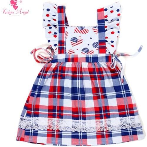 Kaiya Angel Girls Dress 2017 New 4th Of July Baby Girl Dresses Children Clothing Royal Blue Red White Plaid Dress Kids Clothes