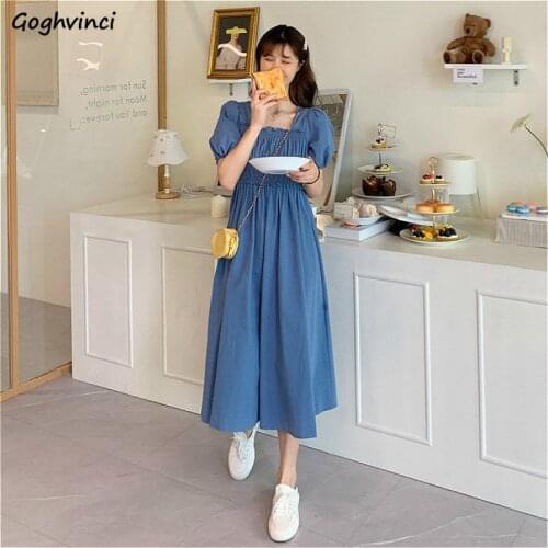 Short Puff Sleeve Dress Women Square Collar Solid Chic Pleated Ruffles Slender Elegant Mid Calf A-line Womens Vestido Fashion
