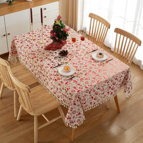Christmas Snowflake Santa Claus Tablecloth Polyester Cotton Tassel Table Runner Home Decor Table Cover Xmas New Year Table Cloth