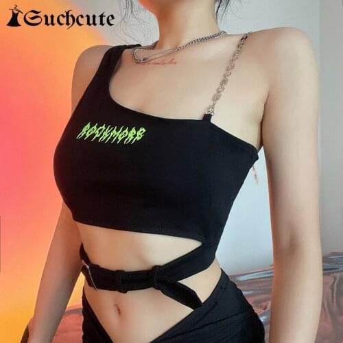 SUCHCUTE One-shoulder Chain Camisole Women Aesthetic Gothic Sexy Casual Cropped Tops Harajuku Letter Bandage Sleeveless Top Tees